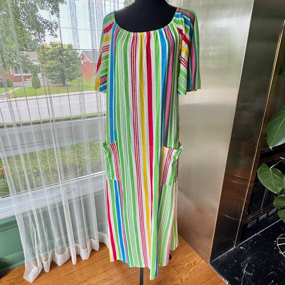 Vintage 80s terrycloth robe/coverup, pink blue yellow green orange red stripes - Picture 2 of 8